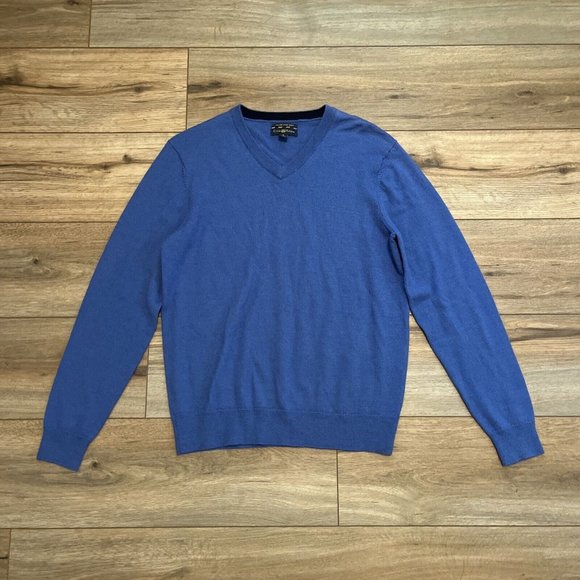 Men's Club Room Sweater SZ Small Merino Wool Blend V Neck Pullover Blue - Picture 1 of 9